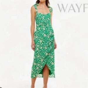 Wayf Green floral faux wrap midi dress